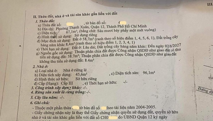 Bán nhà mặt tiền Thạnh Xuân 14 P. Thạnh Xuân Quận 12, 2T, giá giảm còn 4.x tỷ